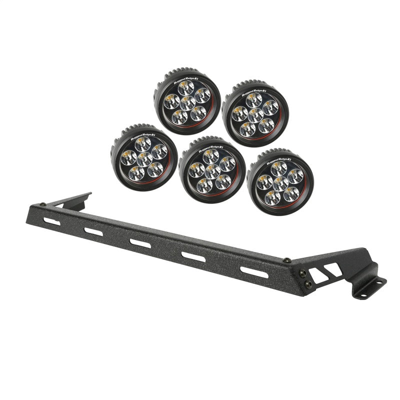 Rugged Ridge 07-18 Jeep Wrangler JK Black 5 Round LED Hood Mounted Light Bar Kit Rugged Ridge 07-18 Jeep Wrangler JK Black 5 Round LED Hood Mounted Light Bar Kit