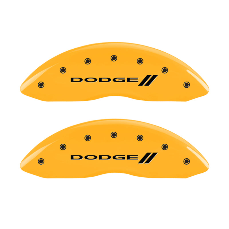 MGP 4 Caliper Covers Engraved Front & Rear With stripes/Dodge Yellow finish black ch MGP 4 Caliper Covers Engraved Front & Rear With stripes/Dodge Yellow finish black ch