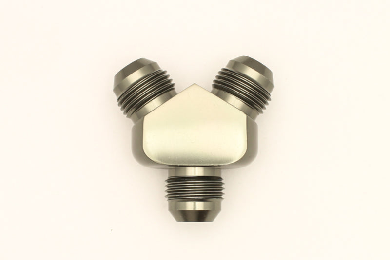 DeatschWerks 8AN Male Flare + 8AN Male Flare To 8AN Male Flare Y-Block Fitting DeatschWerks 8AN Male Flare + 8AN Male Flare To 8AN Male Flare Y-Block Fitting