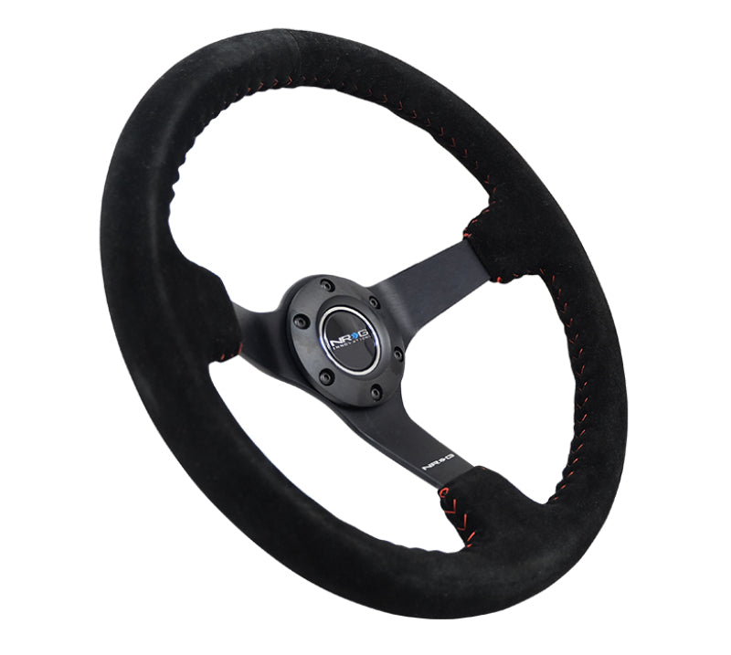 NRG Reinforced Steering Wheel (350mm / 3in. Deep) Blk Suede/Red BBall Stitch w/5mm Matte Blk Spokes NRG Reinforced Steering Wheel (350mm / 3in. Deep) Blk Suede/Red BBall Stitch w/5mm Matte Blk Spokes