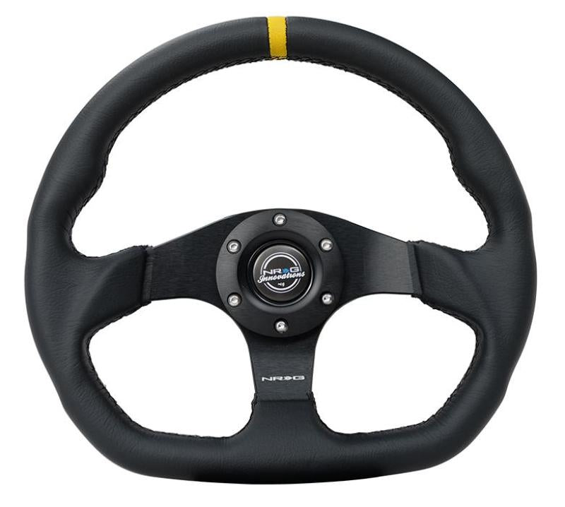 NRG Reinforced Steering Wheel (320mm) Sport Leather Flat Bottom w/ Yellow Center Mark NRG Reinforced Steering Wheel (320mm) Sport Leather Flat Bottom w/ Yellow Center Mark