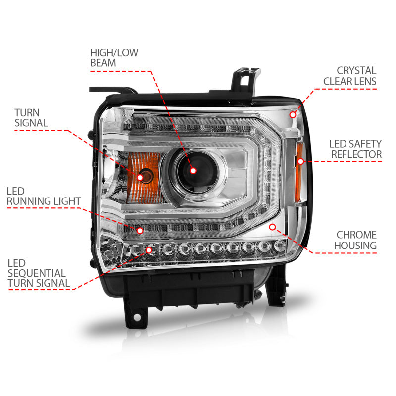 ANZO 2014-2015 Gmc Sierra 1500 Projector Headlights w/ Light Bar Chrome Housing (Halogen Type) ANZO 2014-2015 Gmc Sierra 1500 Projector Headlights w/ Light Bar Chrome Housing (Halogen Type)