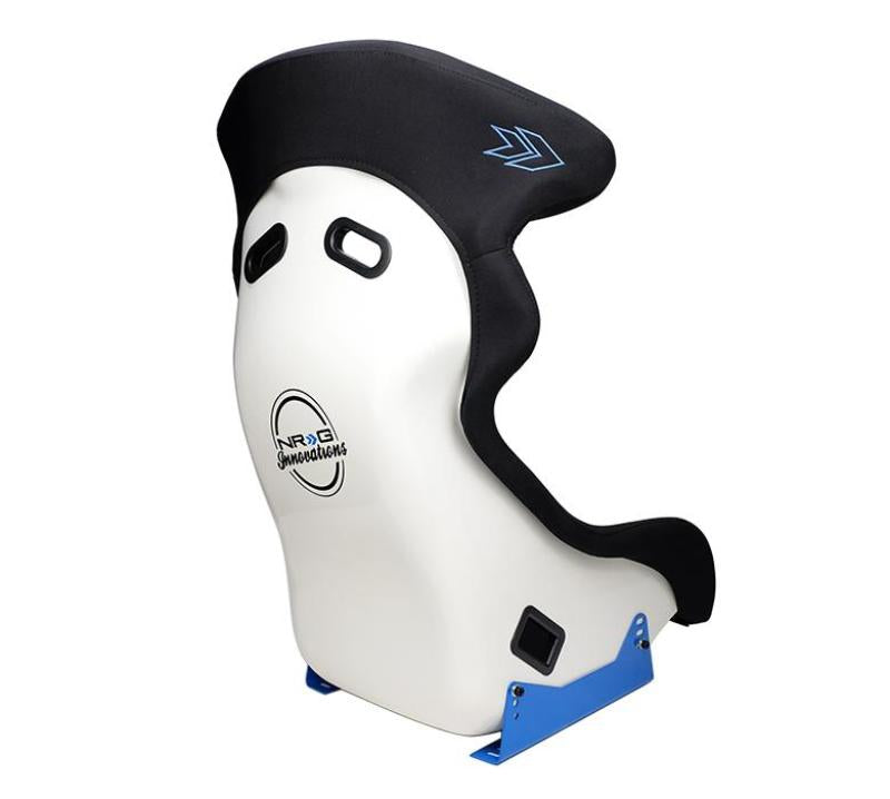 NRG FRP Bucket Seat - White Finish with Arrow Embroidery And Blue Side Mount Bracket NRG FRP Bucket Seat - White Finish with Arrow Embroidery And Blue Side Mount Bracket
