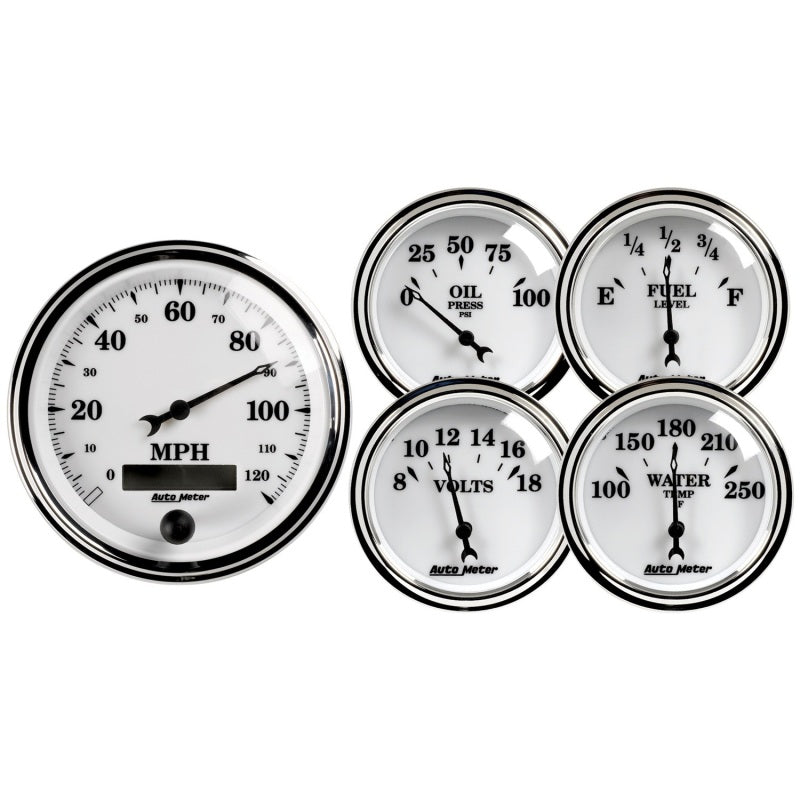 Autometer Old Tyme White II 5 Piece Kit (Elec Speed/Oil Press/Water Temp/Volt/Fuel Level) Autometer Old Tyme White II 5 Piece Kit (Elec Speed/Oil Press/Water Temp/Volt/Fuel Level)