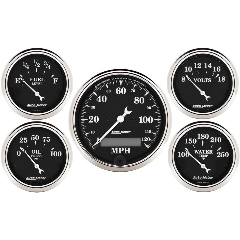 AutoMeter Gauge Kit 5 Pc. 3-1/8in. & 2-1/16in. Elec. Speedometer Old Tyme Black AutoMeter Gauge Kit 5 Pc. 3-1/8in. & 2-1/16in. Elec. Speedometer Old Tyme Black