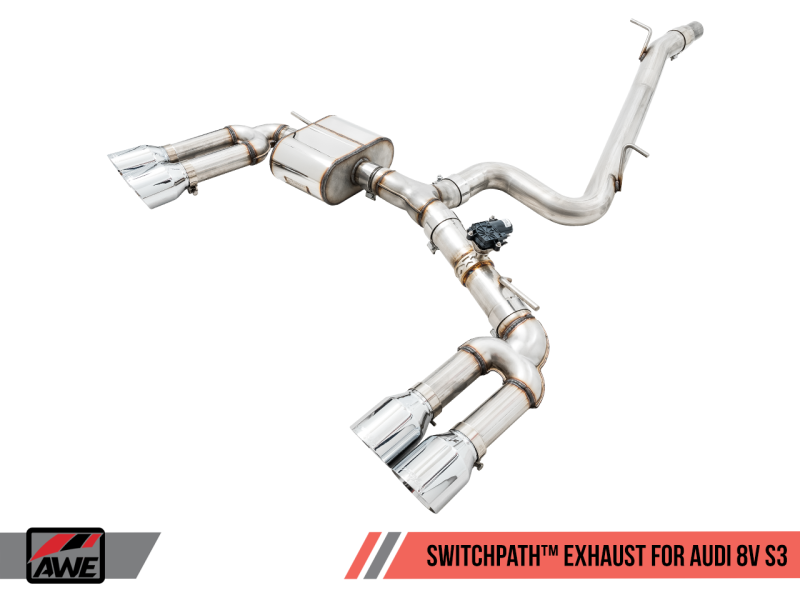 AWE Tuning Audi 8V S3 SwitchPath Exhaust w/Chrome Silver Tips 102mm AWE Tuning Audi 8V S3 SwitchPath Exhaust w/Chrome Silver Tips 102mm
