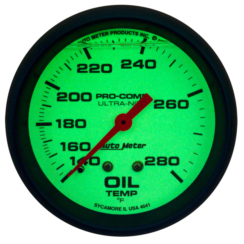 AutoMeter Gauge Oil Temp 2-5/8in. 140-280 Deg. F Liquid Filled Mech Glow In Dark Ultra-Nite AutoMeter Gauge Oil Temp 2-5/8in. 140-280 Deg. F Liquid Filled Mech Glow In Dark Ultra-Nite