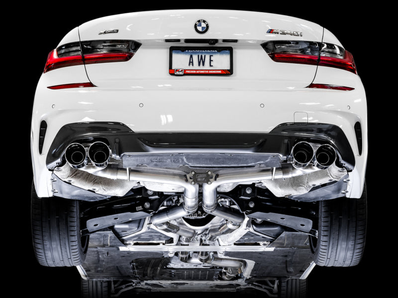 AWE Tuning 2019+ BMW M340i (G20) Track Edition Exhaust - Quad Chrome Silver Tips AWE Tuning 2019+ BMW M340i (G20) Track Edition Exhaust - Quad Chrome Silver Tips