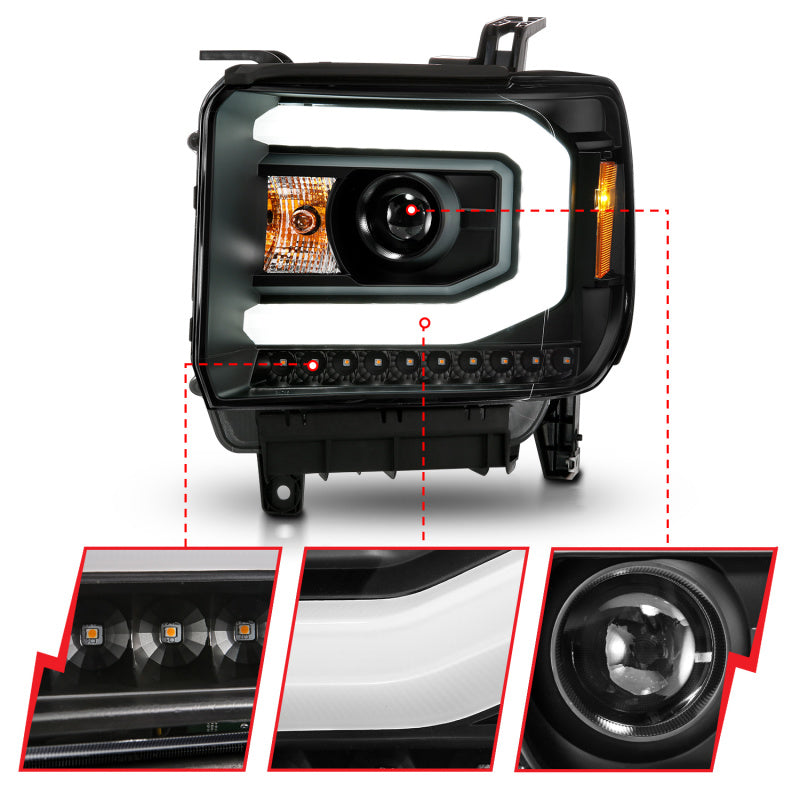 ANZO 2014-2015 GMC Sierra 1500 Projector Headlights w/ Light Bar Black Housing (Halogen Type) ANZO 2014-2015 GMC Sierra 1500 Projector Headlights w/ Light Bar Black Housing (Halogen Type)