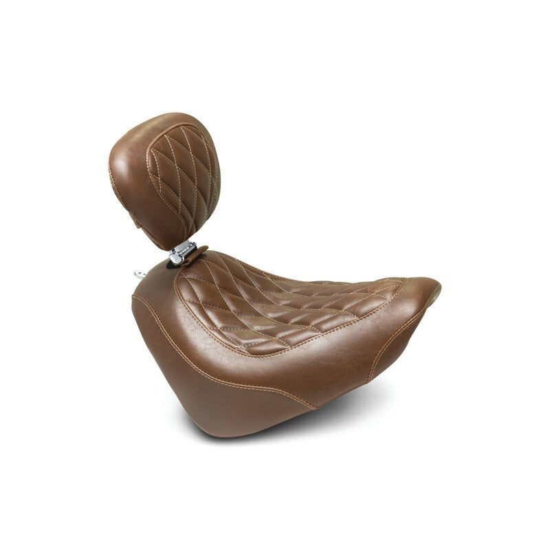 Mustang 18-21 Harley Fat Bob Wide Tripper Solo Seat w/Driver Backrest Diamond Stitch - Brown Mustang 18-21 Harley Fat Bob Wide Tripper Solo Seat w/Driver Backrest Diamond Stitch - Brown
