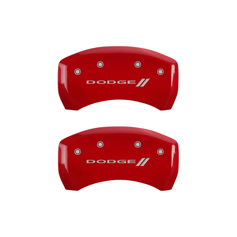 MGP 4 Caliper Covers Engraved Front & Rear With stripes/Dodge Red finish silver ch MGP 4 Caliper Covers Engraved Front & Rear With stripes/Dodge Red finish silver ch