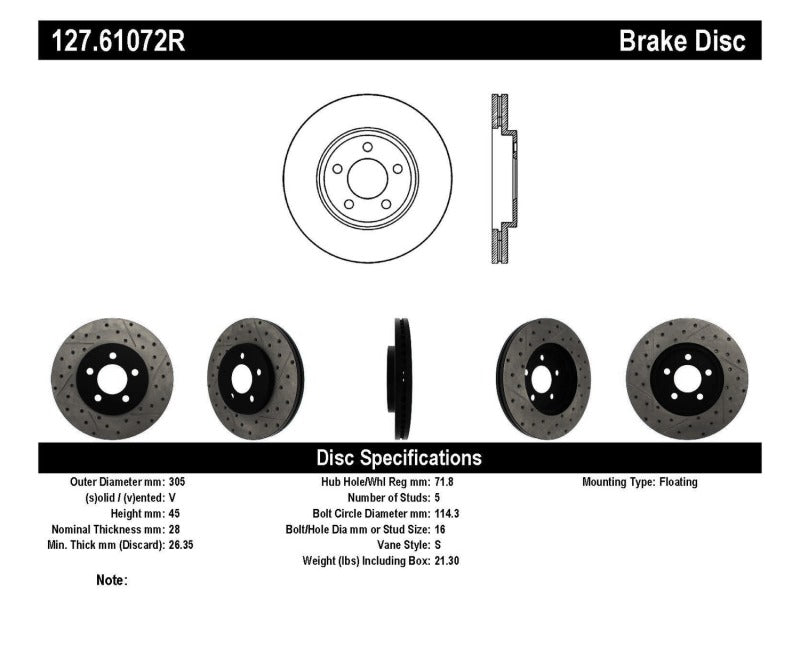 StopTech 03-09 Lincoln Town Car / 03-09 Mercury Grand Marquis Front Right Slotted & Drilled Rotor StopTech 03-09 Lincoln Town Car / 03-09 Mercury Grand Marquis Front Right Slotted & Drilled Rotor