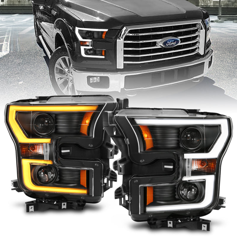 ANZO 2015-2017 Ford F-150 Projector Headlights w/ Plank Style Switchback Black w/ Amber ANZO 2015-2017 Ford F-150 Projector Headlights w/ Plank Style Switchback Black w/ Amber