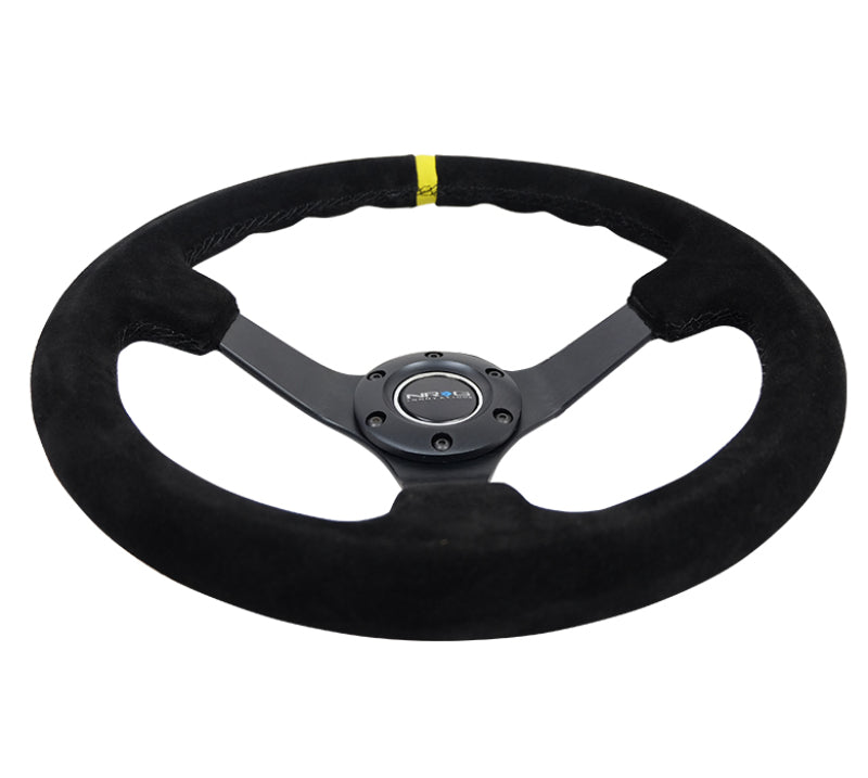 NRG Reinforced Steering Wheel (350mm / 3in. Deep) Blk Suede/X-Stitch w/5mm Blk Spoke & Yellow CM NRG Reinforced Steering Wheel (350mm / 3in. Deep) Blk Suede/X-Stitch w/5mm Blk Spoke & Yellow CM
