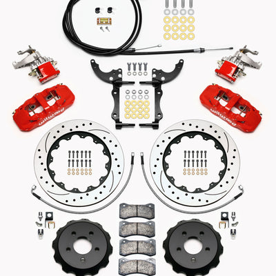 Wilwood AERO4 / MC4 Rear Kit 14.00 Drilled Red 2015-Up Mustang w/Lines & Cables