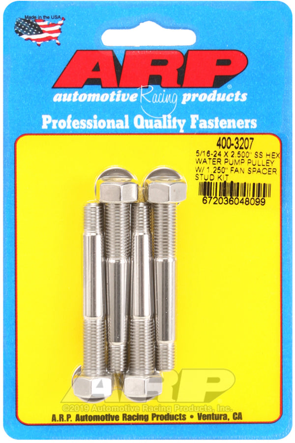 ARP 5/16-24 X 2.500 SS Hex Water Pump Pulley w/ 1.250in Fan Spacer Stud Kit ARP 5/16-24 X 2.500 SS Hex Water Pump Pulley w/ 1.250in Fan Spacer Stud Kit