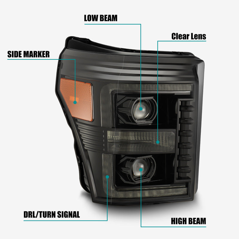 AlphaRex 11-16 Ford F-350 SD LUXX LED Proj Headlights Plank Style Alpha Blk w/Activ Light/Seq Signal AlphaRex 11-16 Ford F-350 SD LUXX LED Proj Headlights Plank Style Alpha Blk w/Activ Light/Seq Signal