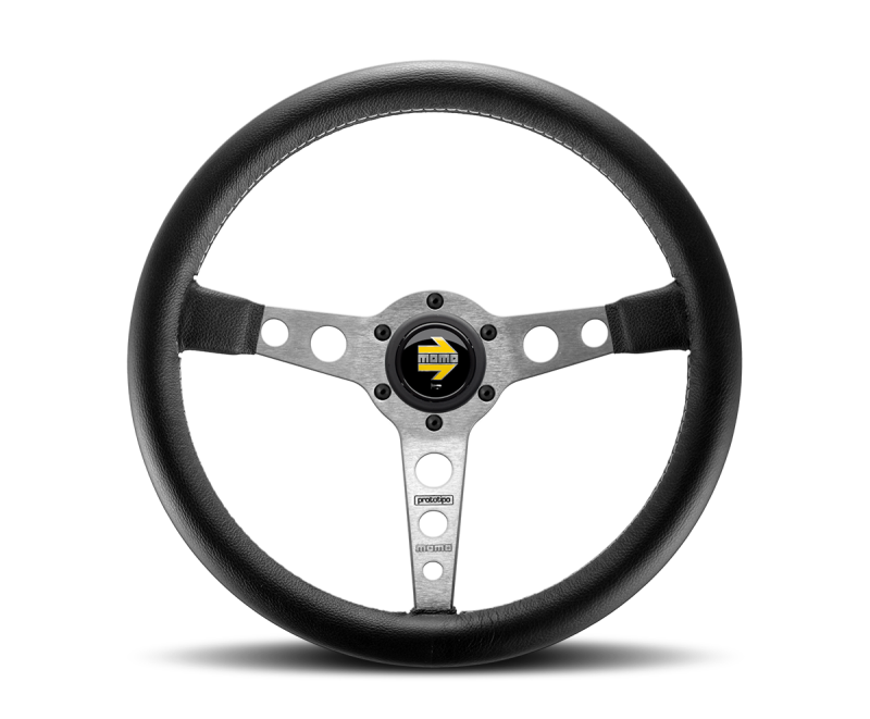 Momo Prototipo Steering Wheel 350 mm - Black Leather/Wht Stitch/Brshd Spokes Momo Prototipo Steering Wheel 350 mm - Black Leather/Wht Stitch/Brshd Spokes