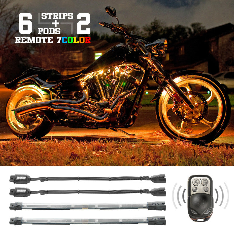 XK Glow Flex Strips 7 Color LED Accent Light Motorcycle/ATV (6xCompact Pods + 2x10In) XK Glow Flex Strips 7 Color LED Accent Light Motorcycle/ATV (6xCompact Pods + 2x10In)
