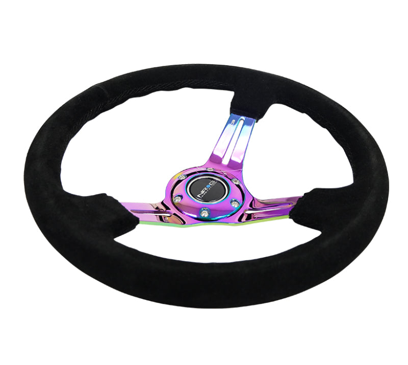 NRG Reinforced Steering Wheel (350mm / 3in. Deep) Blk Suede/Blk Stitch w/Neochrome Slits NRG Reinforced Steering Wheel (350mm / 3in. Deep) Blk Suede/Blk Stitch w/Neochrome Slits