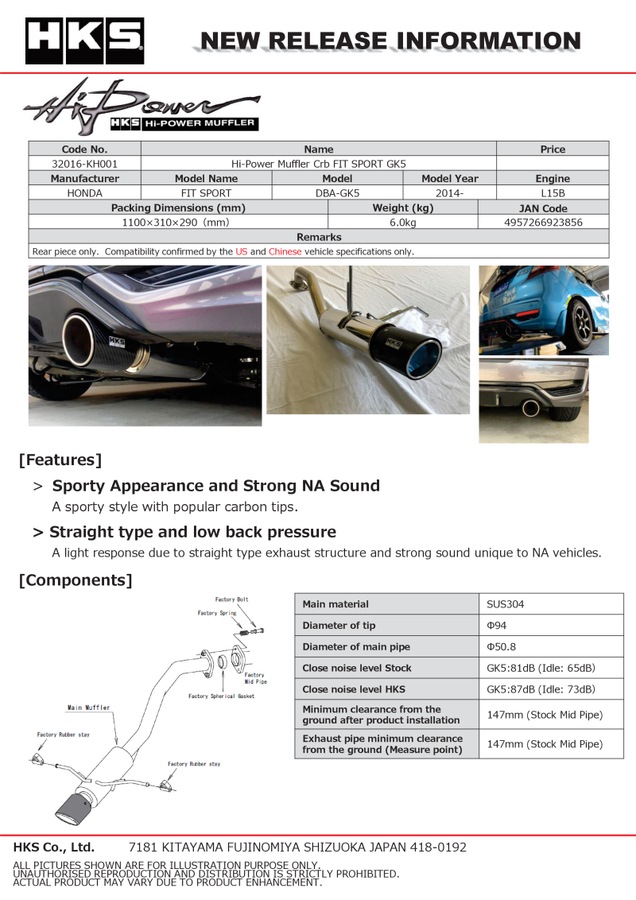 HKS Hi-Power Muffler 2014+ Honda Fit Sport GK5 w/ Carbon Tips HKS Hi-Power Muffler 2014+ Honda Fit Sport GK5 w/ Carbon Tips