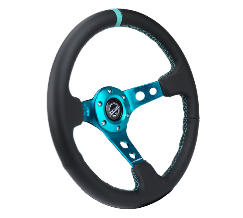 NRG Reinforce Steering Wheel (350mm / 3in. Deep) Blk Leather, Teal Center Mark w/ Teal Stitching NRG Reinforce Steering Wheel (350mm / 3in. Deep) Blk Leather, Teal Center Mark w/ Teal Stitching