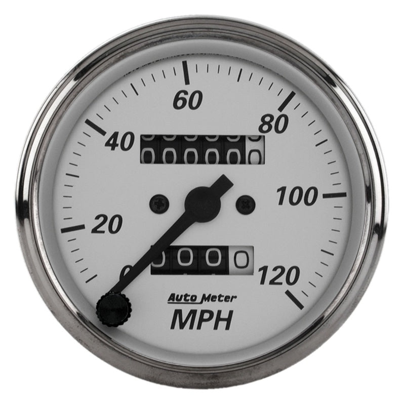 Autometer 3-1/8in Silver Bezel/White Face 120mph Mechanical In-Dash Tacho/Speedometer w/ Trip Gauge Autometer 3-1/8in Silver Bezel/White Face 120mph Mechanical In-Dash Tacho/Speedometer w/ Trip Gauge