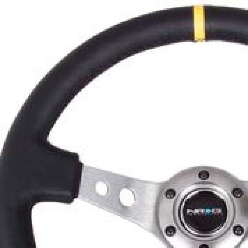NRG Reinforced Steering Wheel (350mm / 3in. Deep) Blk Leather w/Gunmetal Cutout Spoke & Yellow CM NRG Reinforced Steering Wheel (350mm / 3in. Deep) Blk Leather w/Gunmetal Cutout Spoke & Yellow CM