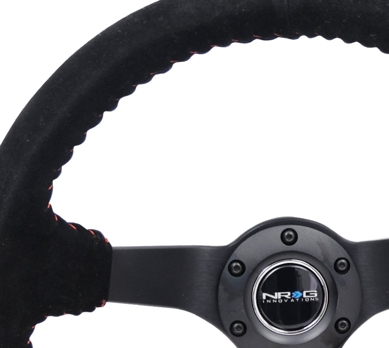 NRG Reinforced Steering Wheel (350mm / 3in. Deep) Blk Suede/Red BBall Stitch w/5mm Matte Blk Spokes NRG Reinforced Steering Wheel (350mm / 3in. Deep) Blk Suede/Red BBall Stitch w/5mm Matte Blk Spokes
