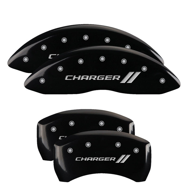 MGP 4 Caliper Covers Engraved Front & Rear With stripes/Charger Black finish silver ch MGP 4 Caliper Covers Engraved Front & Rear With stripes/Charger Black finish silver ch