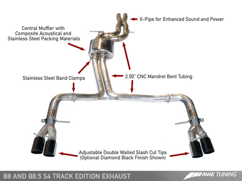 AWE Tuning Audi B8 / B8.5 S4 3.0T Track Edition Exhaust - Diamond Black Tips (90mm) AWE Tuning Audi B8 / B8.5 S4 3.0T Track Edition Exhaust - Diamond Black Tips (90mm)