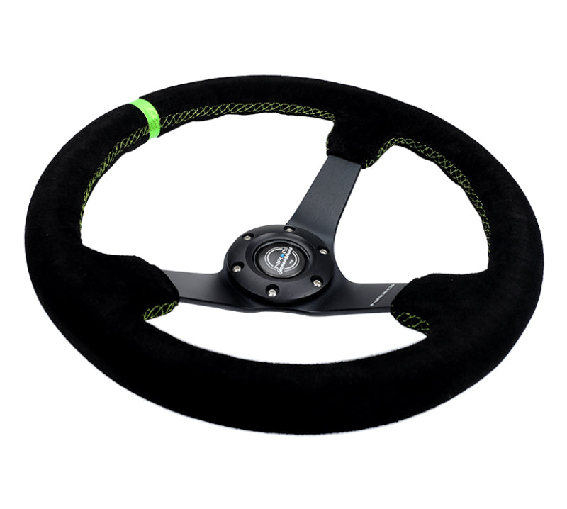 NRG Reinforced Steering Wheel 350mm/3in. Deep Blk Suede/ Neon Green Stitch w/5mm Matte Black Spoke NRG Reinforced Steering Wheel 350mm/3in. Deep Blk Suede/ Neon Green Stitch w/5mm Matte Black Spoke