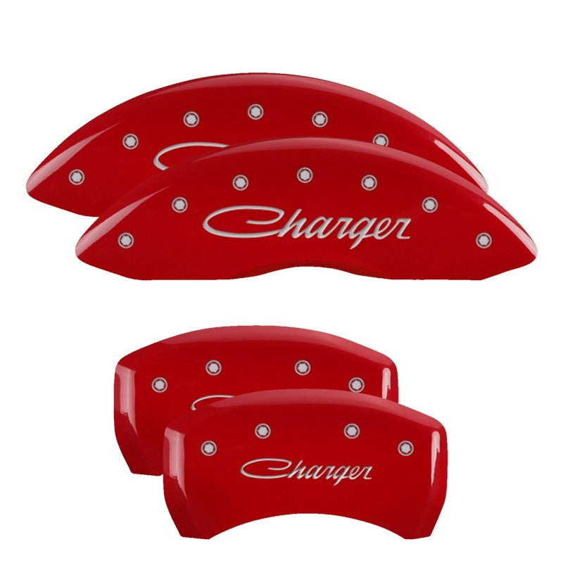 MGP 4 Caliper Covers Engraved Front & Rear Cursive/Charger Red finish silver ch MGP 4 Caliper Covers Engraved Front & Rear Cursive/Charger Red finish silver ch