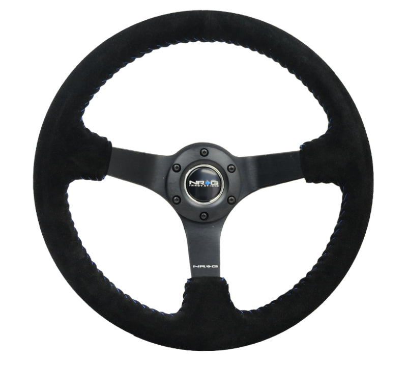 NRG Reinforced Steering Wheel (350mm / 3in. Deep) Blk Suede/Blue BBall Stitch w/5mm Matte Blk Spokes NRG Reinforced Steering Wheel (350mm / 3in. Deep) Blk Suede/Blue BBall Stitch w/5mm Matte Blk Spokes