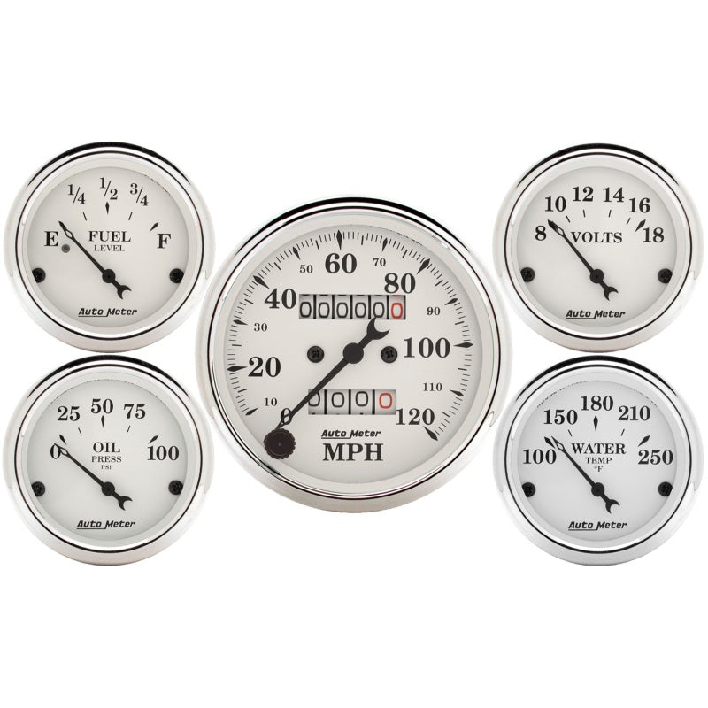 Auto Meter Speedometer 3-1/8in and 2-1/16in Mechanical 5-Piece Old Tyme White Gauge Kit Auto Meter Speedometer 3-1/8in and 2-1/16in Mechanical 5-Piece Old Tyme White Gauge Kit