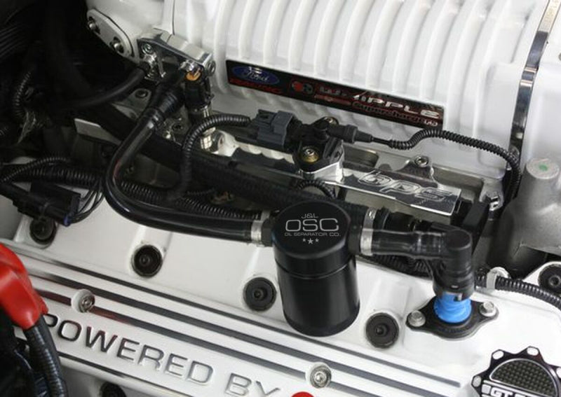 J&L 07-14 Ford Mustang GT500 Passenger Side Oil Separator 3.0 - Black Anodized J&L 07-14 Ford Mustang GT500 Passenger Side Oil Separator 3.0 - Black Anodized