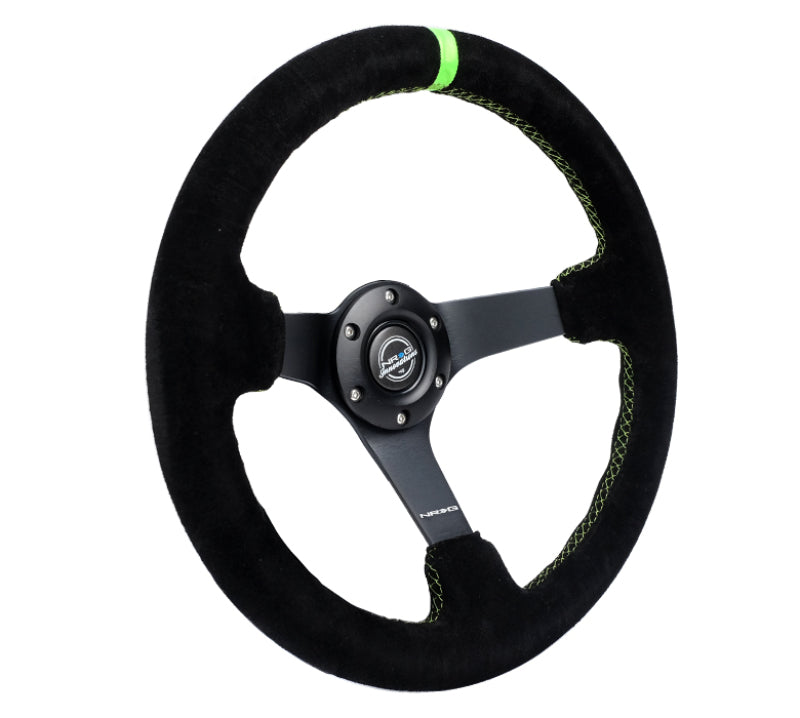 NRG Reinforced Steering Wheel 350mm/3in. Deep Blk Suede/ Neon Green Stitch w/5mm Matte Black Spoke NRG Reinforced Steering Wheel 350mm/3in. Deep Blk Suede/ Neon Green Stitch w/5mm Matte Black Spoke