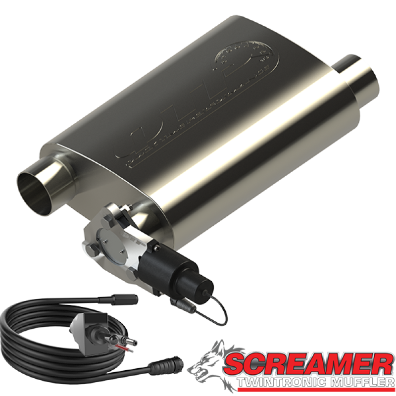 QTP 2.5in Weld-On 304SS Reverse Screamer Muffler w/Bolt-On QTEC Electric Cutout QTP 2.5in Weld-On 304SS Reverse Screamer Muffler w/Bolt-On QTEC Electric Cutout