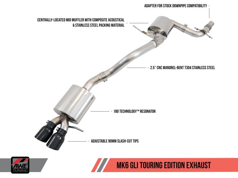 AWE Tuning Mk6 GLI 2.0T - Mk6 Jetta 1.8T Touring Edition Exhaust - Diamond Black Tips AWE Tuning Mk6 GLI 2.0T - Mk6 Jetta 1.8T Touring Edition Exhaust - Diamond Black Tips