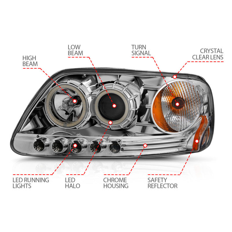 ANZO 1997.5-2003 Ford F-150 Projector Headlights w/ Halo Chrome 1pc ANZO 1997.5-2003 Ford F-150 Projector Headlights w/ Halo Chrome 1pc