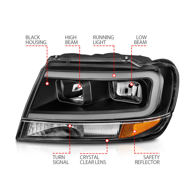 ANZO 99-04 Jeep Grand Cherokee Crystal Headlights - w/ Light Bar Black Housing ANZO 99-04 Jeep Grand Cherokee Crystal Headlights - w/ Light Bar Black Housing