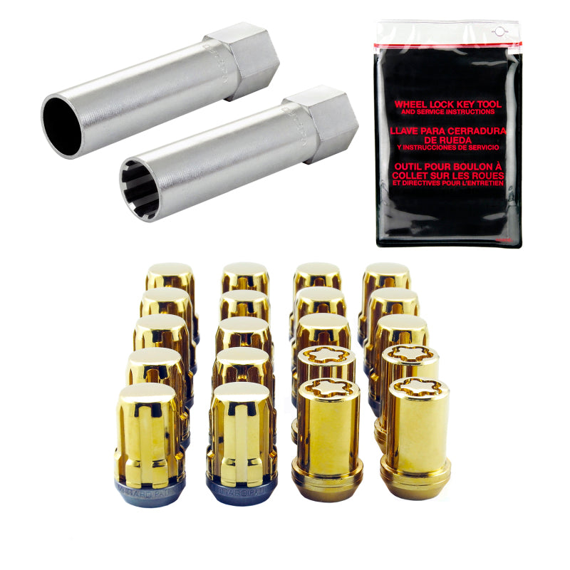 McGard SplineDrive Tuner 5 Lug Install Kit w/Locks & Tool (Cone) M12X1.25 / 13/16 Hex - Gold McGard SplineDrive Tuner 5 Lug Install Kit w/Locks & Tool (Cone) M12X1.25 / 13/16 Hex - Gold