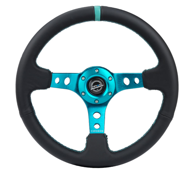NRG Reinforce Steering Wheel (350mm / 3in. Deep) Blk Leather, Teal Center Mark w/ Teal Stitching NRG Reinforce Steering Wheel (350mm / 3in. Deep) Blk Leather, Teal Center Mark w/ Teal Stitching