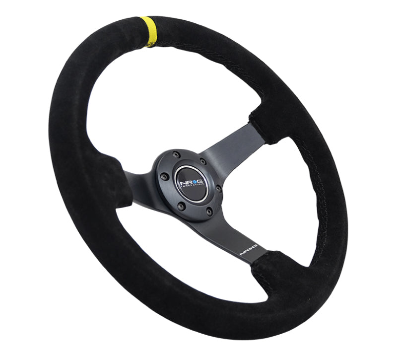 NRG Reinforced Steering Wheel (350mm / 3in. Deep) Blk Suede/X-Stitch w/5mm Blk Spoke & Yellow CM NRG Reinforced Steering Wheel (350mm / 3in. Deep) Blk Suede/X-Stitch w/5mm Blk Spoke & Yellow CM