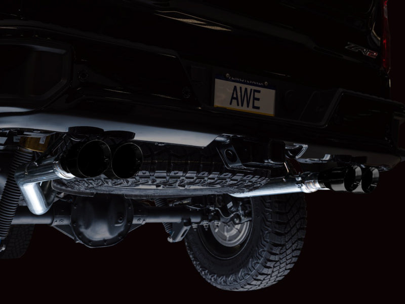 AWE Tuning 22-23 GMC Sierra 1500 AT4X 6.2L 0FG Catback Split Dual (Flat Bumper) - Diamond Black Tips AWE Tuning 22-23 GMC Sierra 1500 AT4X 6.2L 0FG Catback Split Dual (Flat Bumper) - Diamond Black Tips