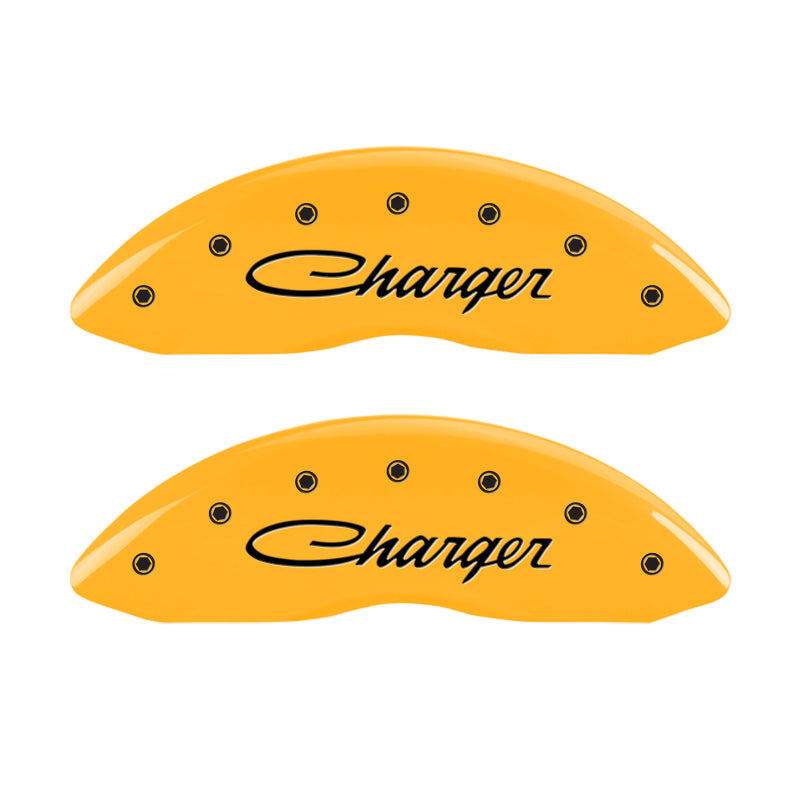 MGP 4 Caliper Covers Engraved Front & Rear 05-10 Dodge Charger R/T Yellow Finish Black Cursive Logo MGP 4 Caliper Covers Engraved Front & Rear 05-10 Dodge Charger R/T Yellow Finish Black Cursive Logo