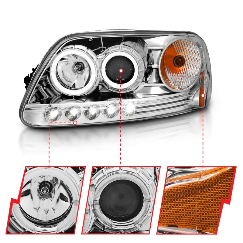 ANZO 1997.5-2003 Ford F-150 Projector Headlights w/ Halo and LED Chrome 1pc ANZO 1997.5-2003 Ford F-150 Projector Headlights w/ Halo and LED Chrome 1pc