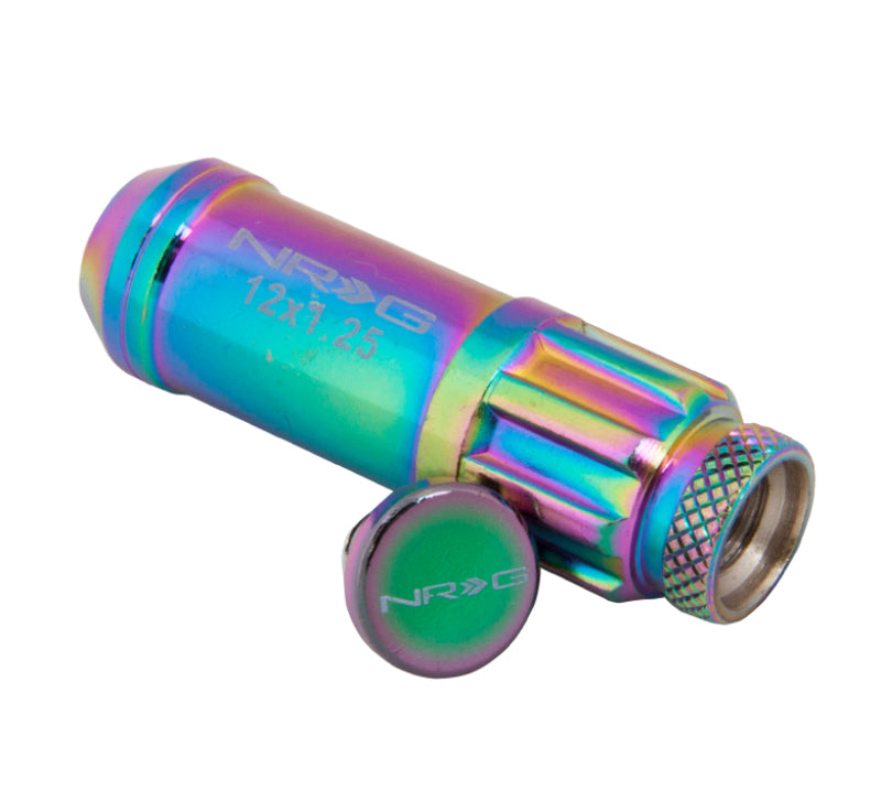 NRG 700 Series M12 X 1.25 Steel Lug Nut w/Dust Cap Cover Set 21 Pc w/Locks & Lock Socket - Neochrome NRG 700 Series M12 X 1.25 Steel Lug Nut w/Dust Cap Cover Set 21 Pc w/Locks & Lock Socket - Neochrome