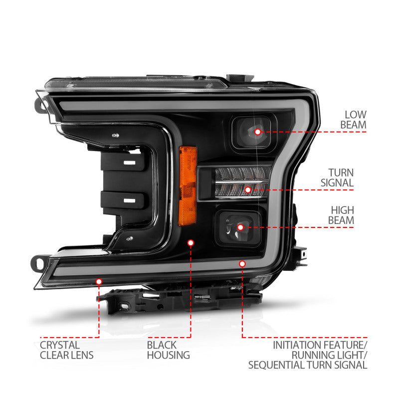 ANZO 18-20 Ford F-150 (w/o Fctry LED) Full LED Proj Headlights w/Light Bar Swtchbk Seq. Black w/Init ANZO 18-20 Ford F-150 (w/o Fctry LED) Full LED Proj Headlights w/Light Bar Swtchbk Seq. Black w/Init