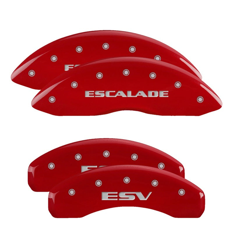 MGP 4 Caliper Covers Engraved Front Escalade Engraved Rear ESV Red finish silver ch MGP 4 Caliper Covers Engraved Front Escalade Engraved Rear ESV Red finish silver ch